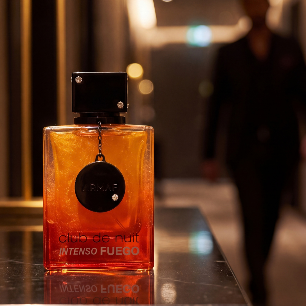 Perfume Armaf Club de Nuit Intenso Fuego em ambiente noturno sofisticado.
