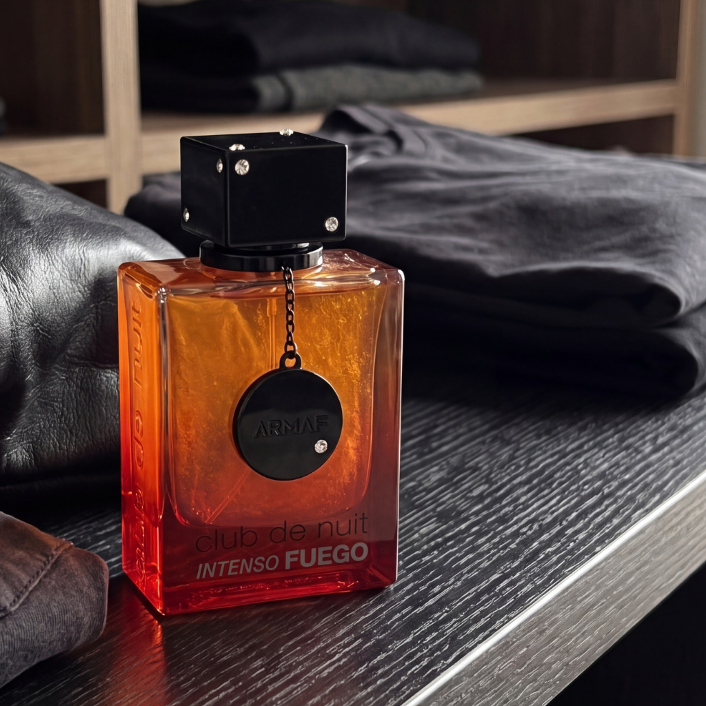 Perfume Armaf Club de Nuit Intenso Fuego em composição lifestyle com peças escuras.