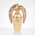 Perfume árabe Lattafa Afeef EDP unissex 100ml, frasco dourado com pavões sobre fundo branco