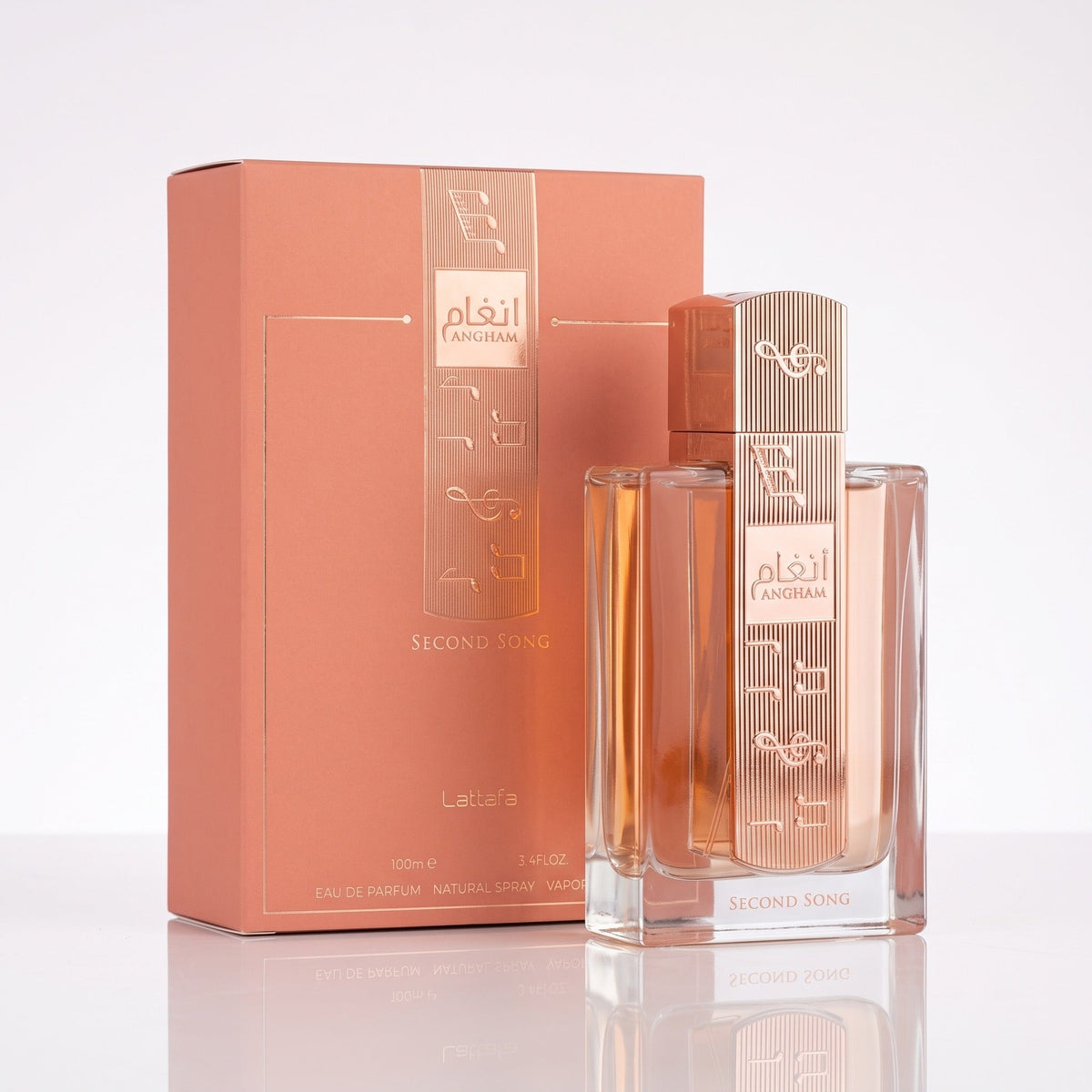 Frasco Lattafa Angham Second Song feminino EDP 100ml com caixa coral