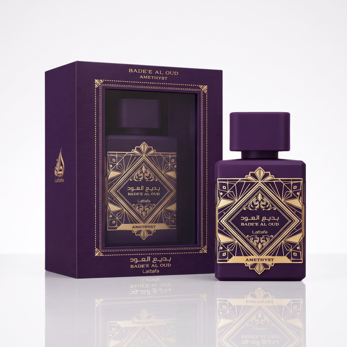 Perfume Lattafa Badee Al Oud Amethyst EDP masculino 100ml com caixa em fundo branco