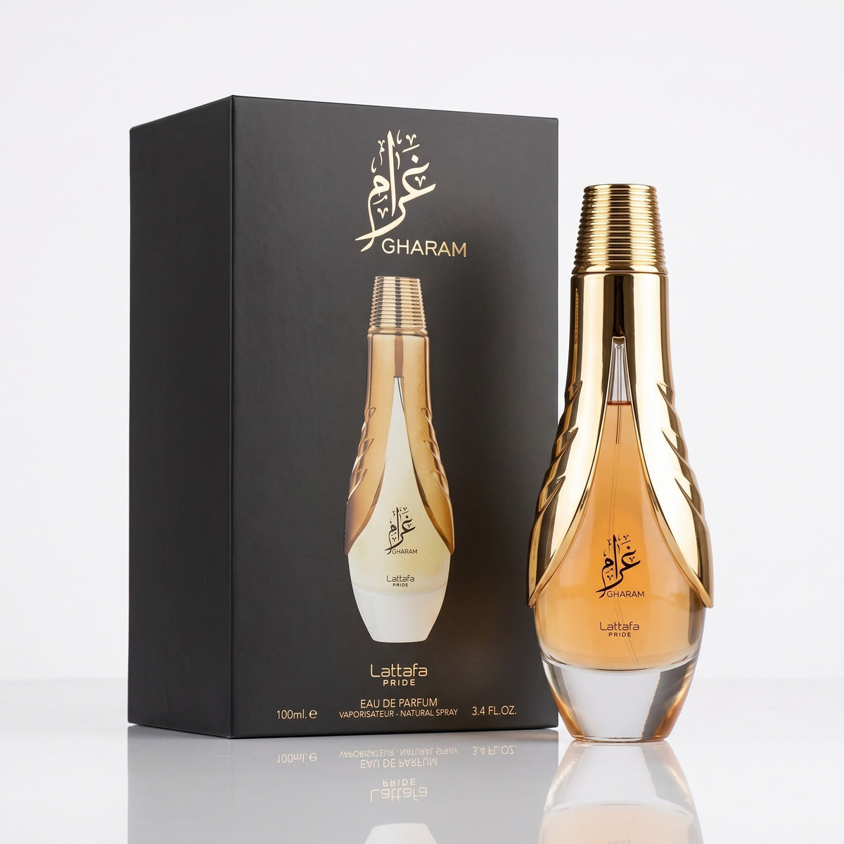 Perfume Lattafa Gharam 100ml com embalagem original preta e dourada
