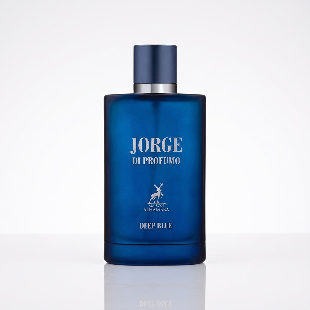 Perfume árabe masculino Maison Alhambra Jorge Di Profumo Deep Blue EDP 100ml em fundo branco