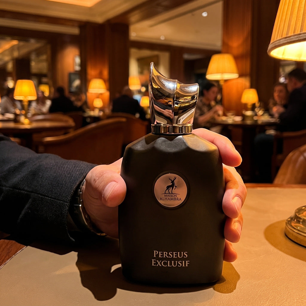 Perfume Maison Alhambra Perseus Exclusif EDP masculino em foto lifestyle no restaurante