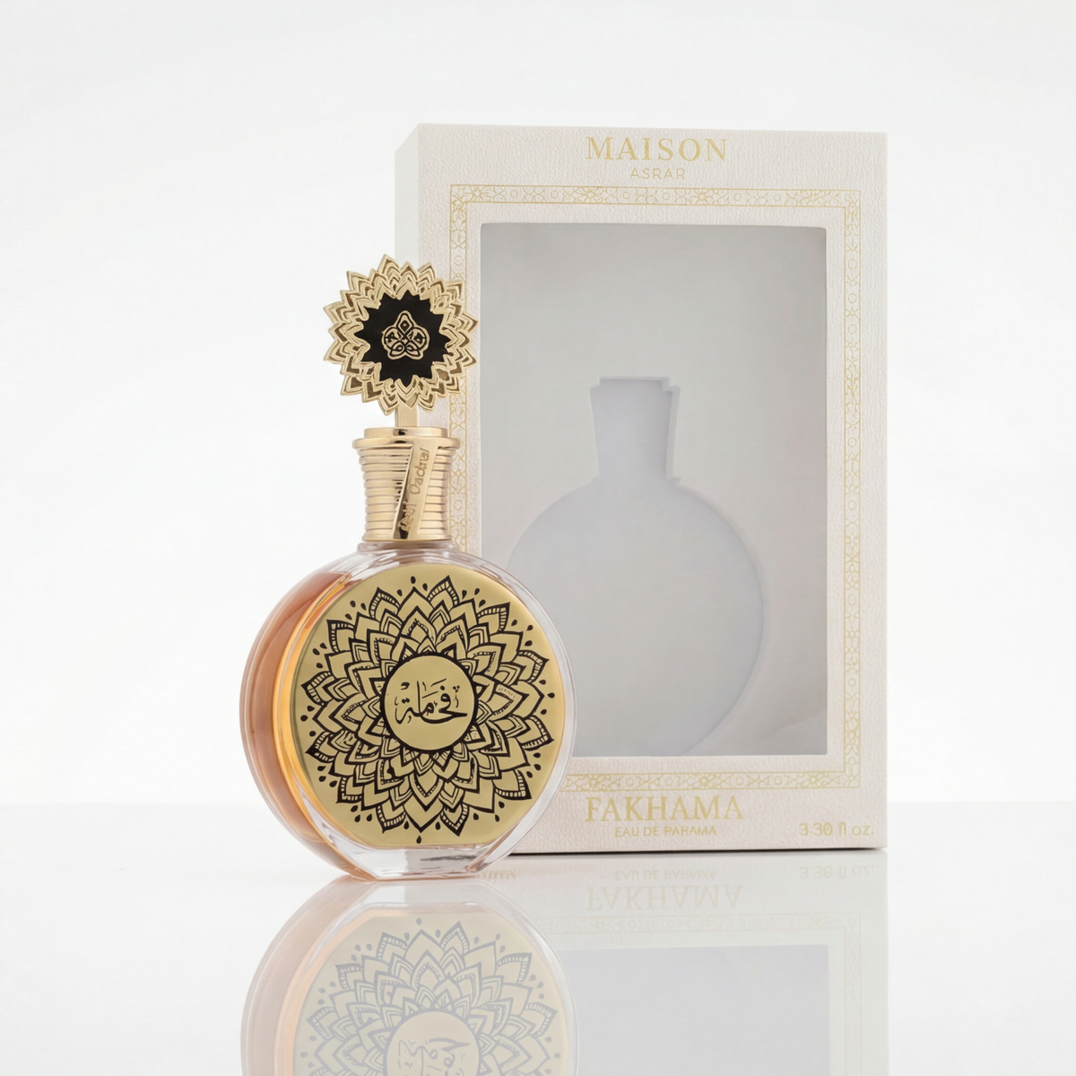 Perfume Fakhama Maison Asrar com frasco e embalagem em fundo branco