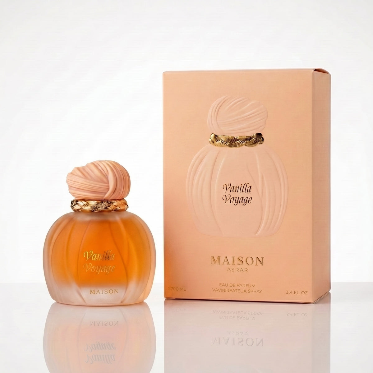 Perfume Maison Asrar Vanilla Voyage EDP compartilhável 100ml com caixa em fundo branco