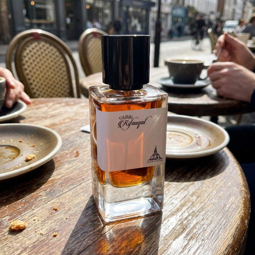 Perfume Paris Corner Rifaaqat EDP em foto lifestyle em café