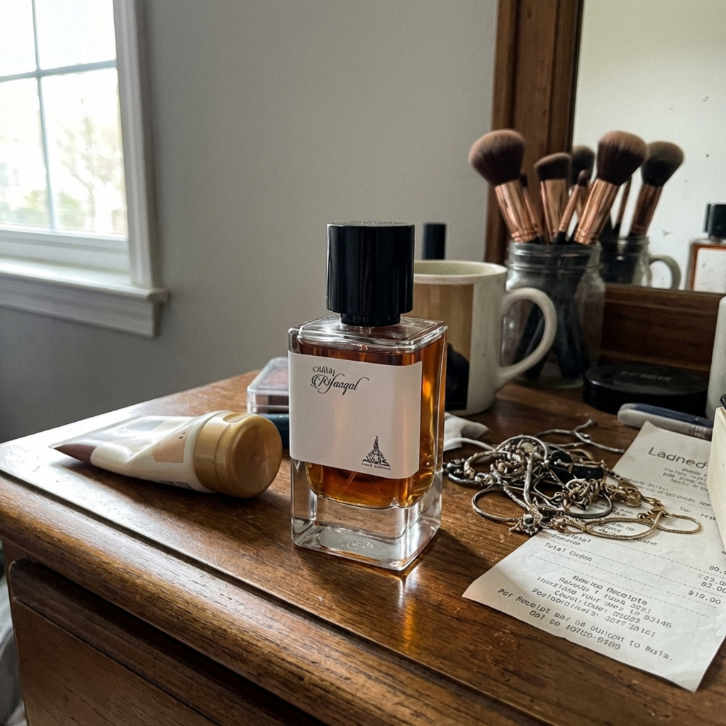 Perfume Paris Corner Rifaaqat EDP em foto lifestyle sobre penteadeira