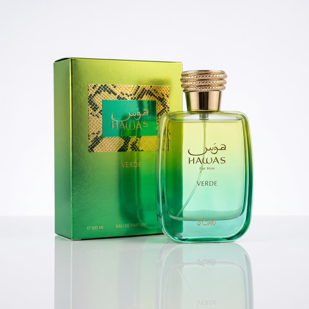 Perfume Rasasi Hawas Verde EDP masculino 100ml com caixa em fundo branco