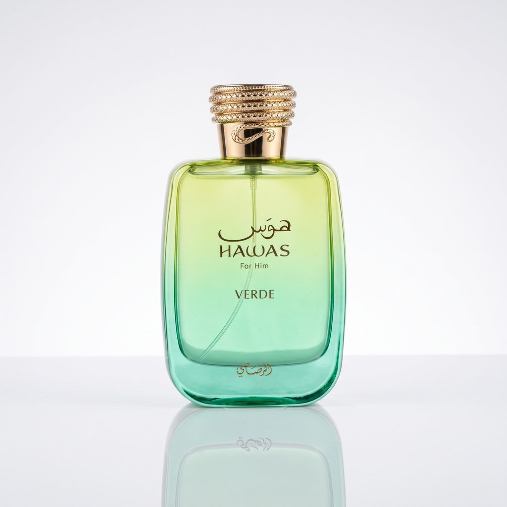 Perfume árabe Rasasi Hawas Verde EDP masculino 100ml em fundo branco