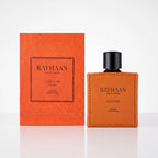 Perfume árabe Rayhaan Corium EDP masculino 100ml, frasco original revestido em couro caramelo com tampa preta e caixa