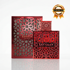 Perfume Rayhaan Crimson EDP masculino 100ml com a caixa original em fundo branco.