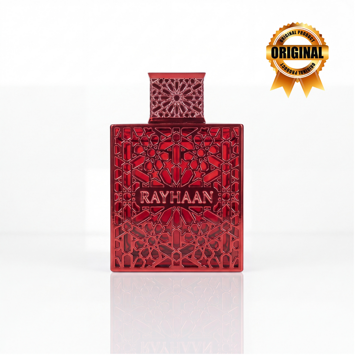 Frasco do perfume árabe Rayhaan Crimson EDP masculino 100ml em fundo branco.