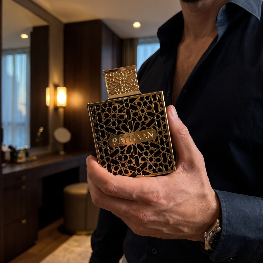 Perfume Rayhaan Elixir EDP masculino em foto lifestyle elegante