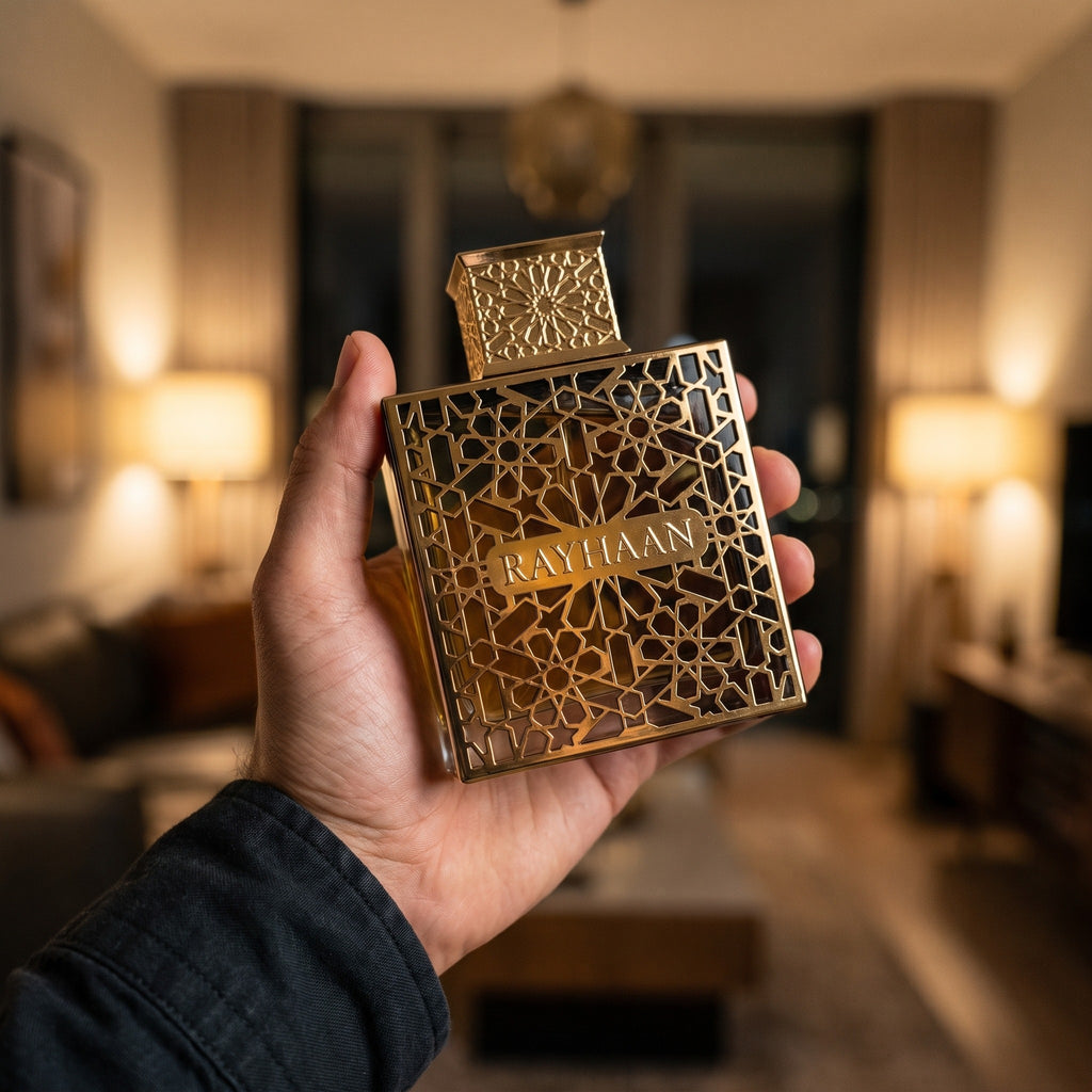 Perfume Rayhaan Elixir EDP masculino em foto lifestyle em ambiente interno
