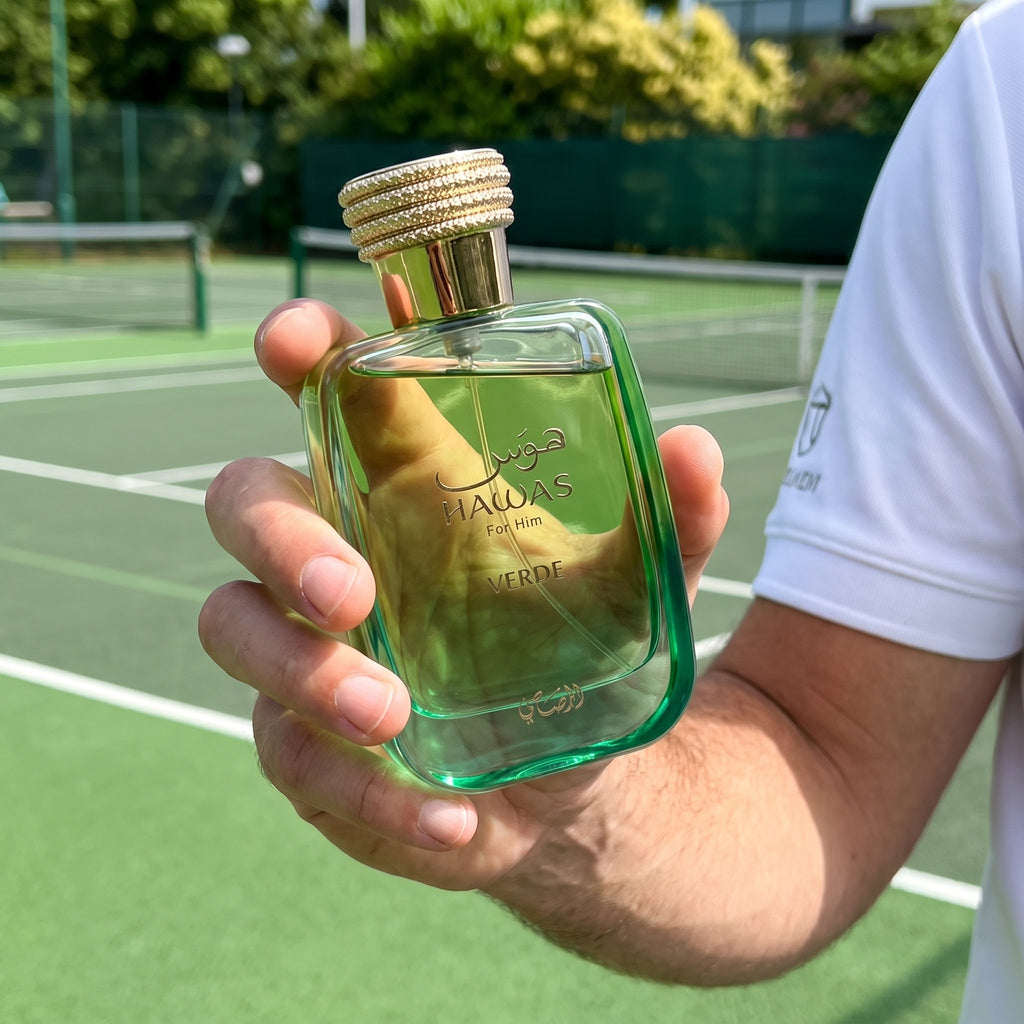 Perfume Rasasi Hawas Verde segurado por homem em quadra de tênis durante o dia