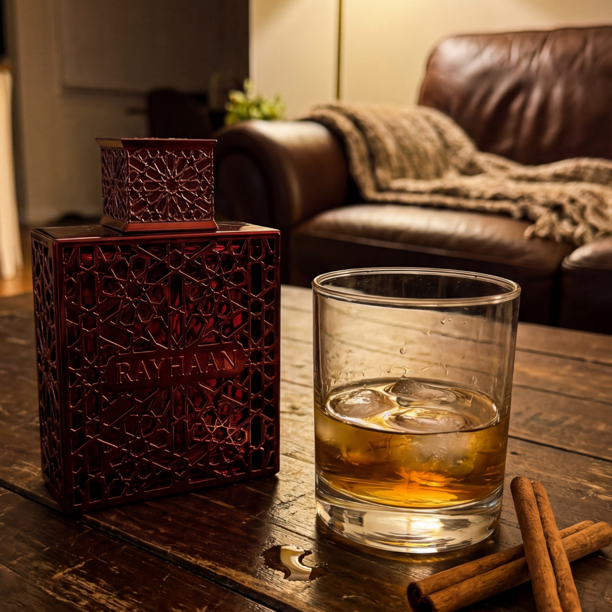 Frasco do perfume Rayhaan Crimson em composição quente e especiada.