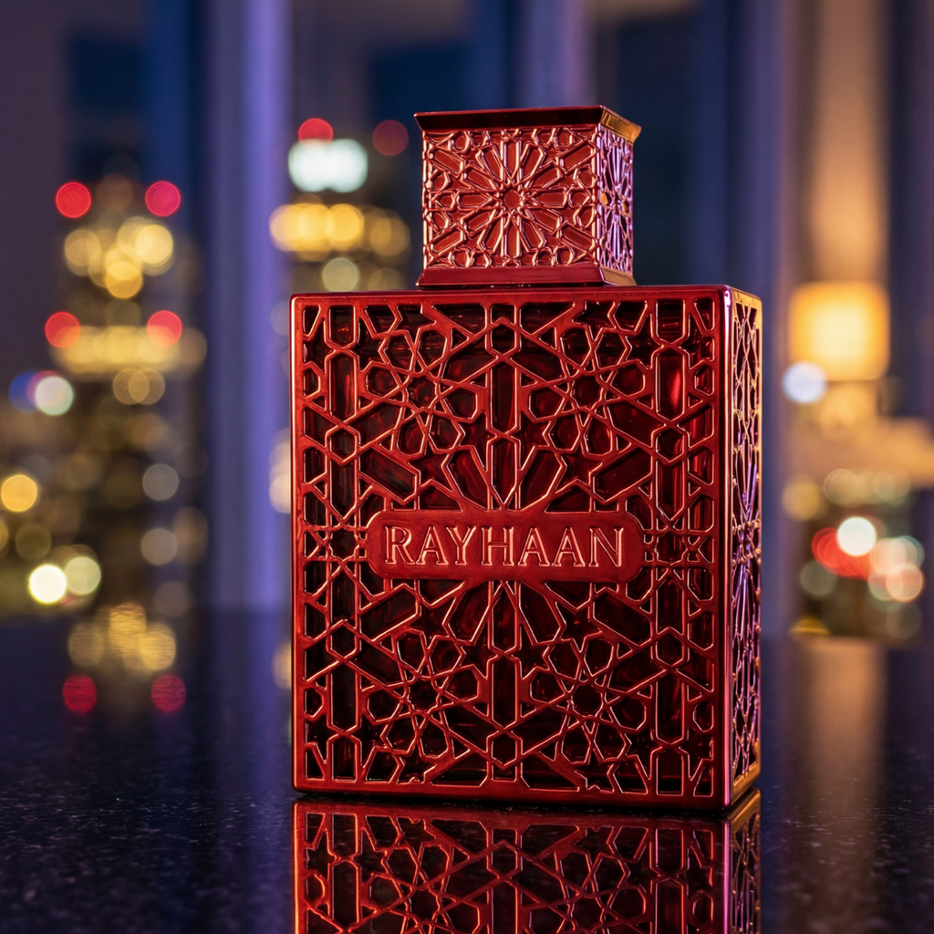Frasco do perfume Rayhaan Crimson em composição noturna com luzes urbanas desfocadas.