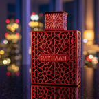 Frasco do perfume Rayhaan Crimson em composição noturna com luzes urbanas desfocadas.