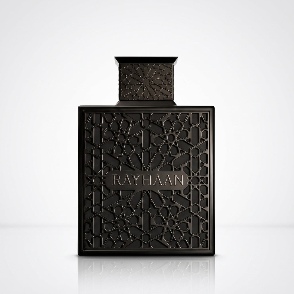 Frasco original Rayhaan Obsidian Eau de Parfum masculino preto com padrão geométrico