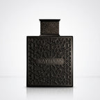 Frasco original Rayhaan Obsidian Eau de Parfum masculino preto com padrão geométrico