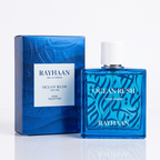 Frasco azul e embalagem original do perfume masculino Rayhaan Ocean Rush Eau de Parfum