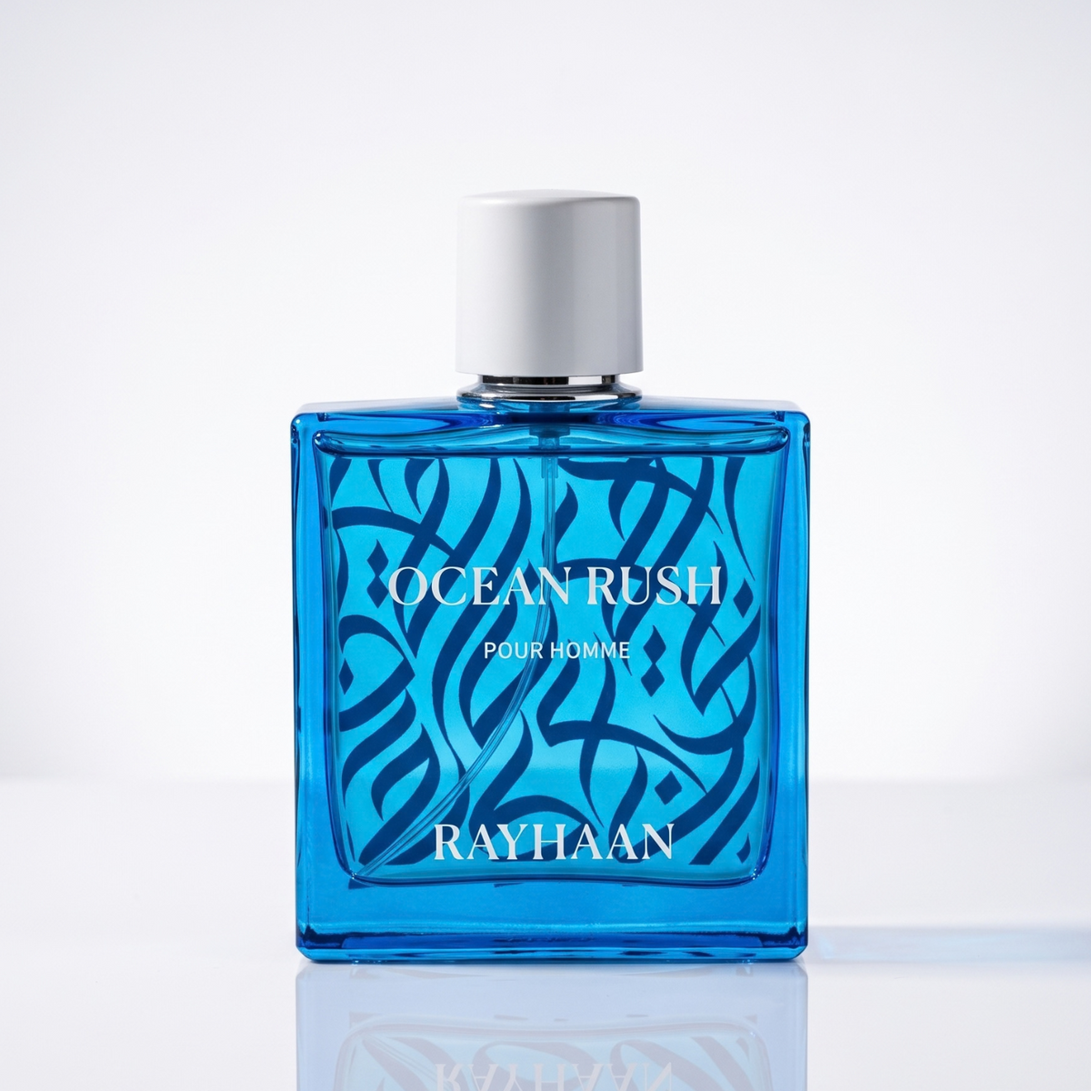 Frasco original do perfume Rayhaan Ocean Rush Eau de Parfum masculino, vidro azul e tampa branca